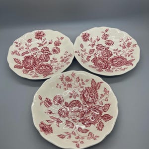 Puede incluir: Tres cuencos de cerámica blanca con un patrón floral rosa. Los cuencos tienen un borde festoneado y son perfectos para servir postres o aperitivos.