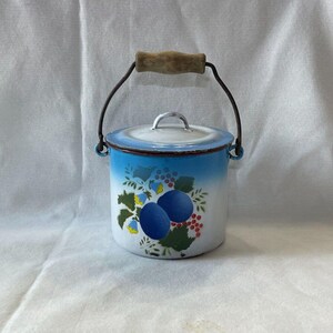 Antique French Enamelware 5&quot; tall small pot with lid and wooden handle MARKED