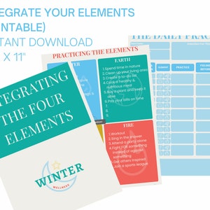 May include: Printable 8.5" x 11" worksheet titled "Integrating the Four Elements" with a blue, green, and red colour scheme. The worksheet includes a section for practicing the elements of Earth, Fire, Water, and Air. It also includes a section for daily practice with a table for tracking feelings before and after practicing.