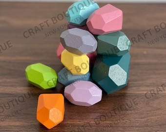 Wooden Balancing Stacking Stones, 12 PC Wood Rocks, Pastel Colored Stacking Building Blocks,  Natural Colorful Montessori Puzzle Toy