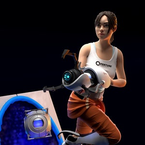 May include: A woman in a white tank top with the text "Aperture Laboratories" printed on it, holding a portal gun. She is wearing orange pants and has a white and blue robotic leg. She is standing in front of a blue portal with a white frame.