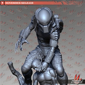 May include: A gray Predator action figure holding a human figure in a chokehold. The Predator is wearing a helmet and has a weapon on its back. The human figure is lying on the ground.