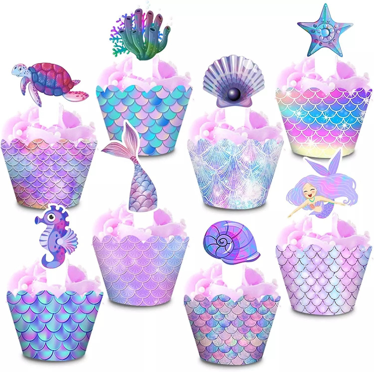 48pc Mermaid Cupcake Wrappers and Toppers Mermaid Baby Shower Mermaid Birthday