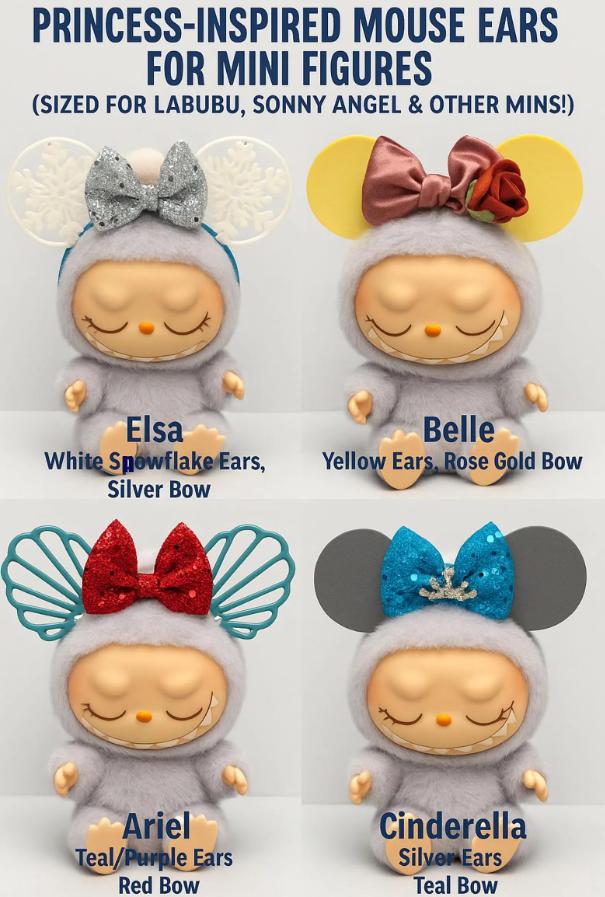 Princess-Inspired Labubu Mouse Ears | Belle, Ariel, Rapunzel and More | PopMart Accessory with Bow and Secure Tab | Custom Colors