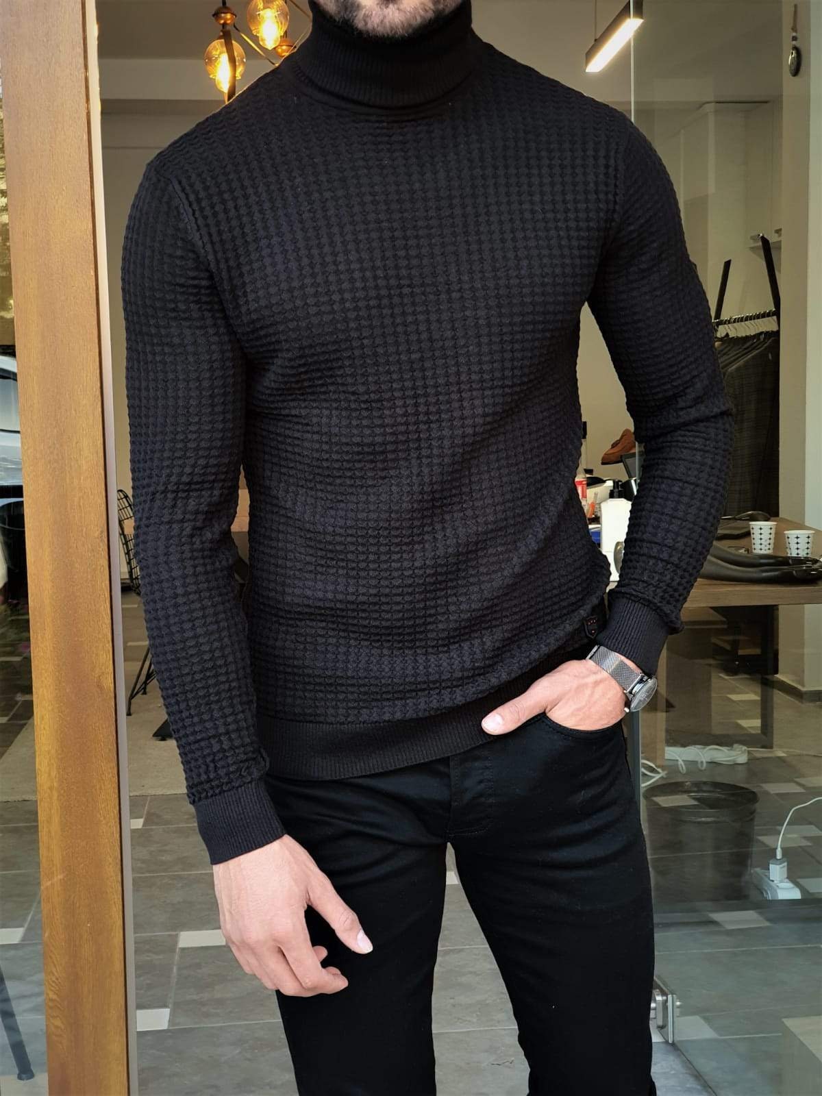 Black Ridged Turtleneck for Men Geometric Slim Fit - Etsy