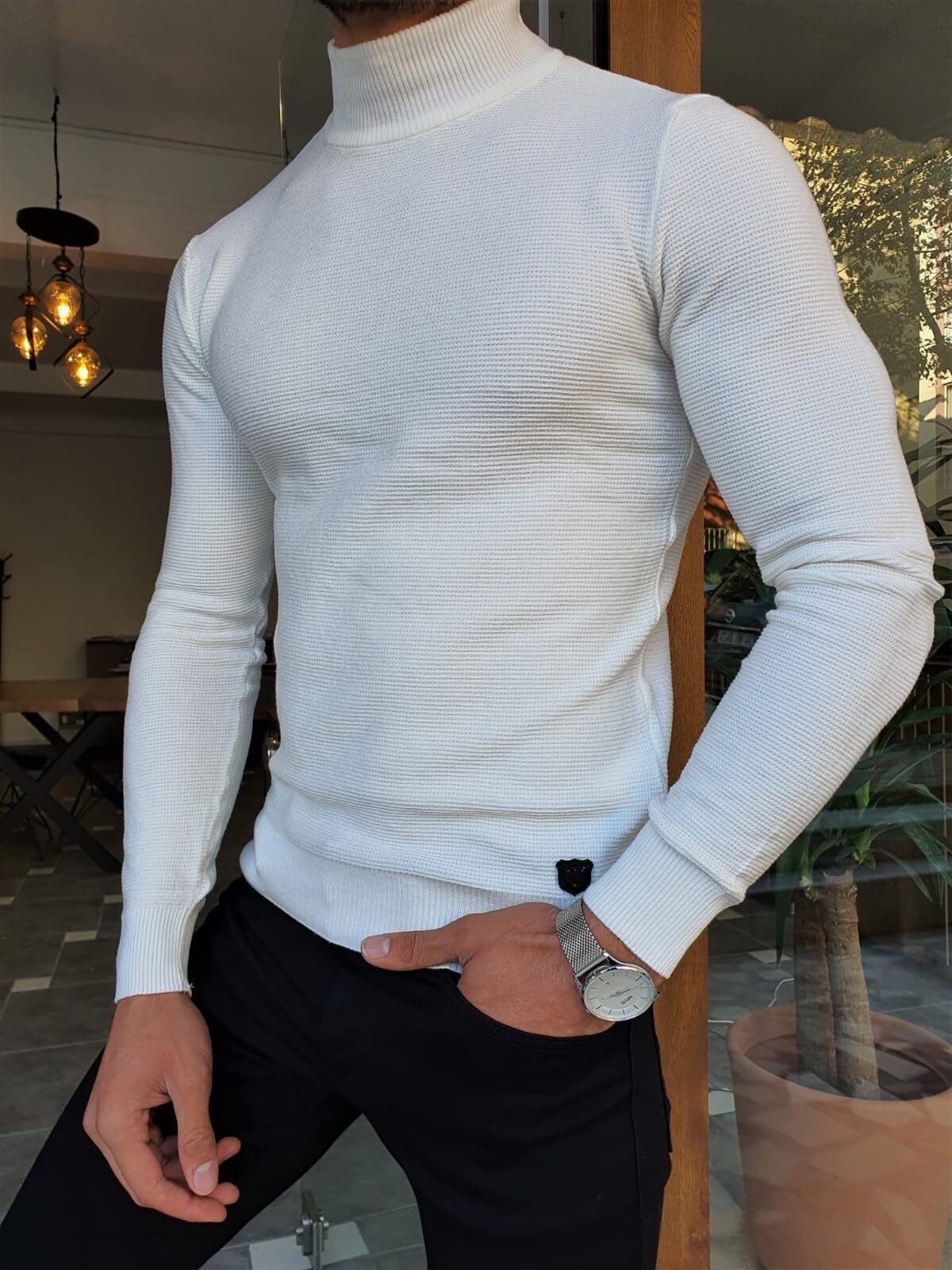 Ecru Patterned Turtleneck for Men 