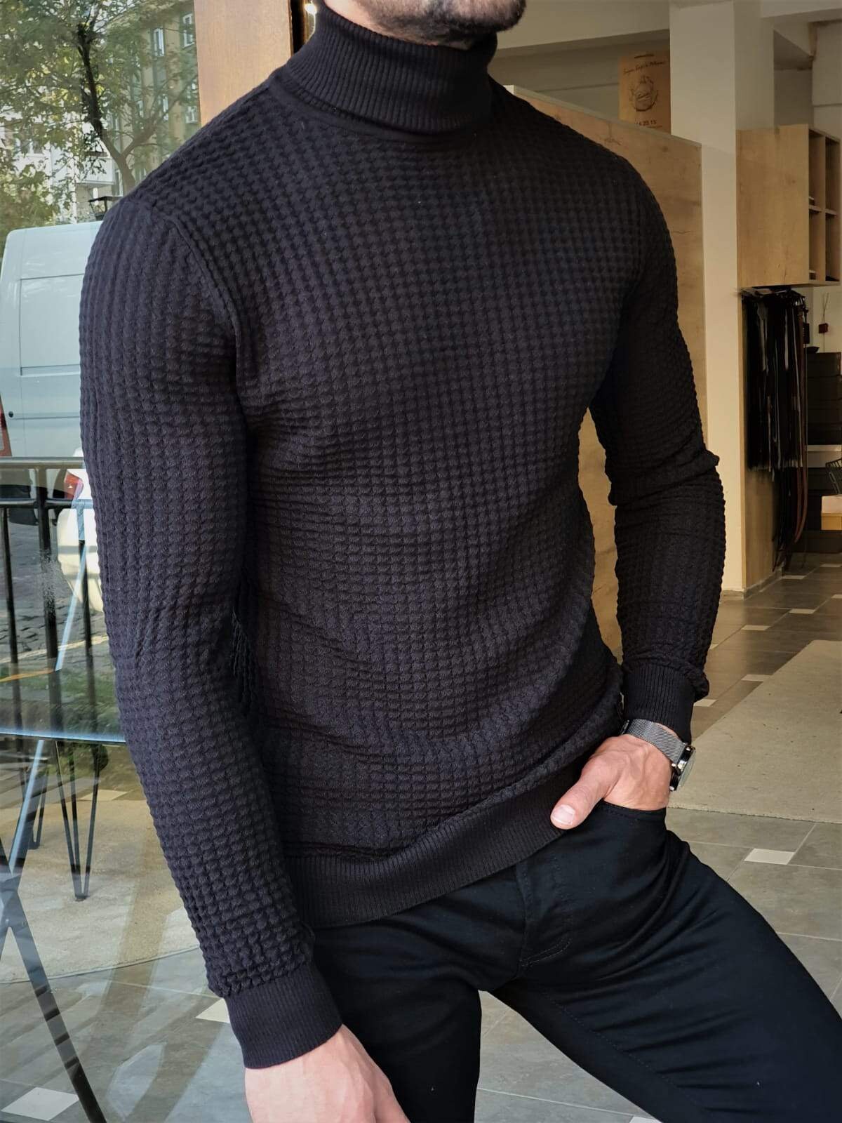 Black Ridged Turtleneck for Men Geometric Slim Fit - Etsy