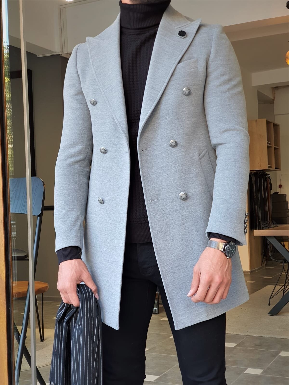 Mens grey wool trench best sale coat