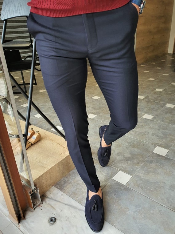 Retro Mens Cotton Naples Suit Pants Casual Trousers Straight High