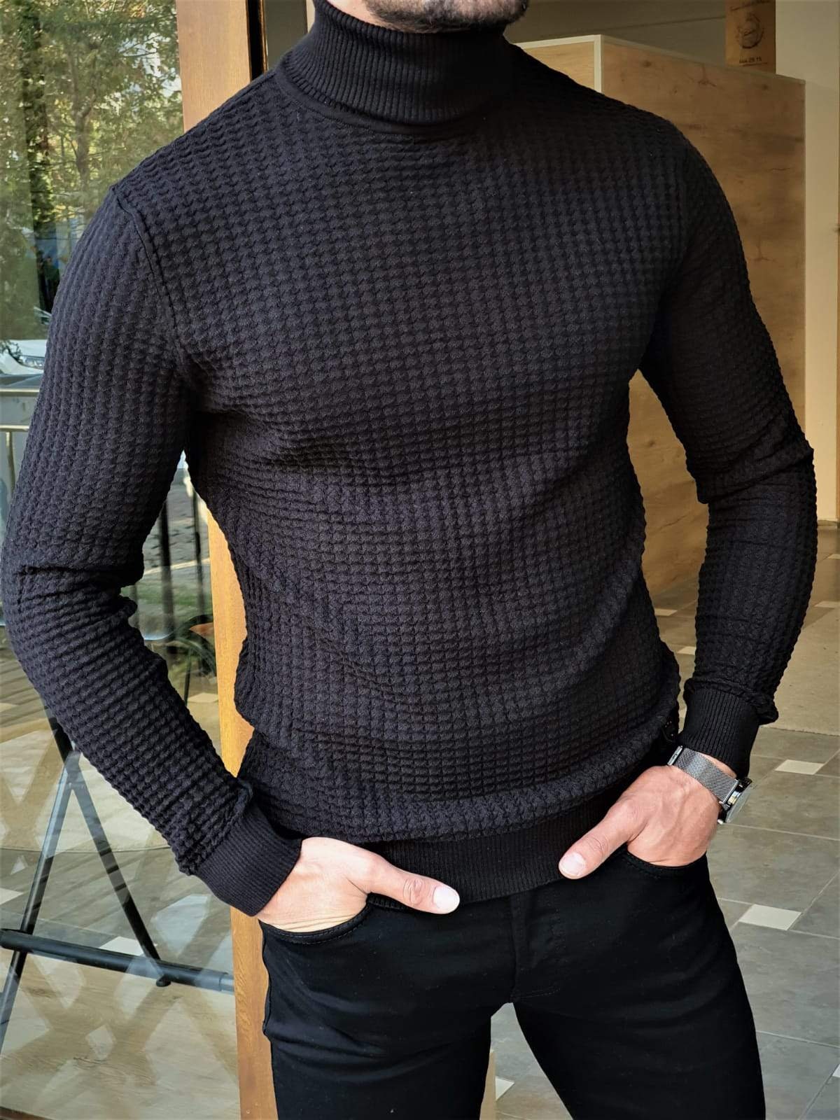 Black Ridged Turtleneck for Men Geometric Slim Fit - Etsy