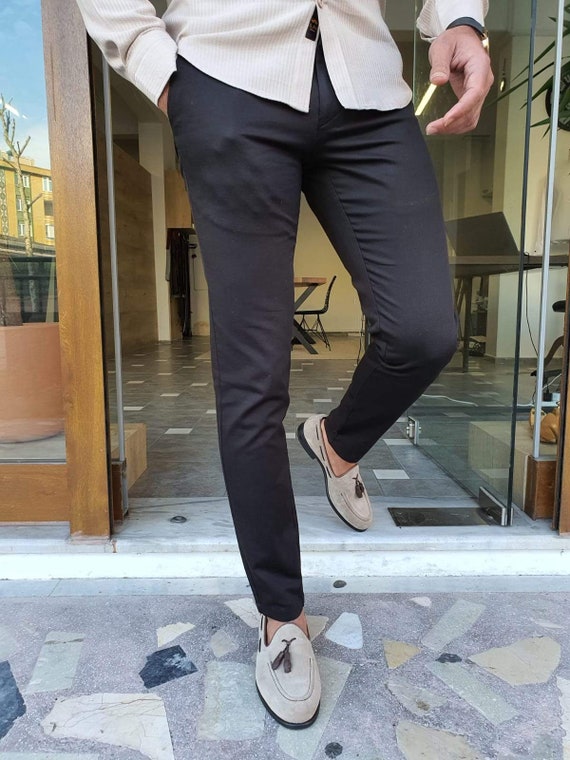 Zwarte katoenen broek voor mannen zwarte broek slim-fit - Etsy Nederland