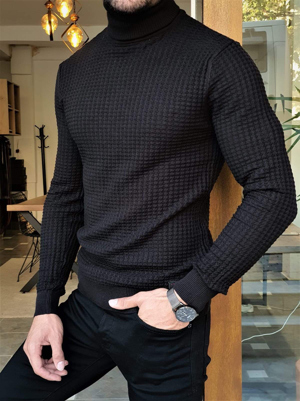 Black Ridged Turtleneck for Men Geometric Slim Fit - Etsy