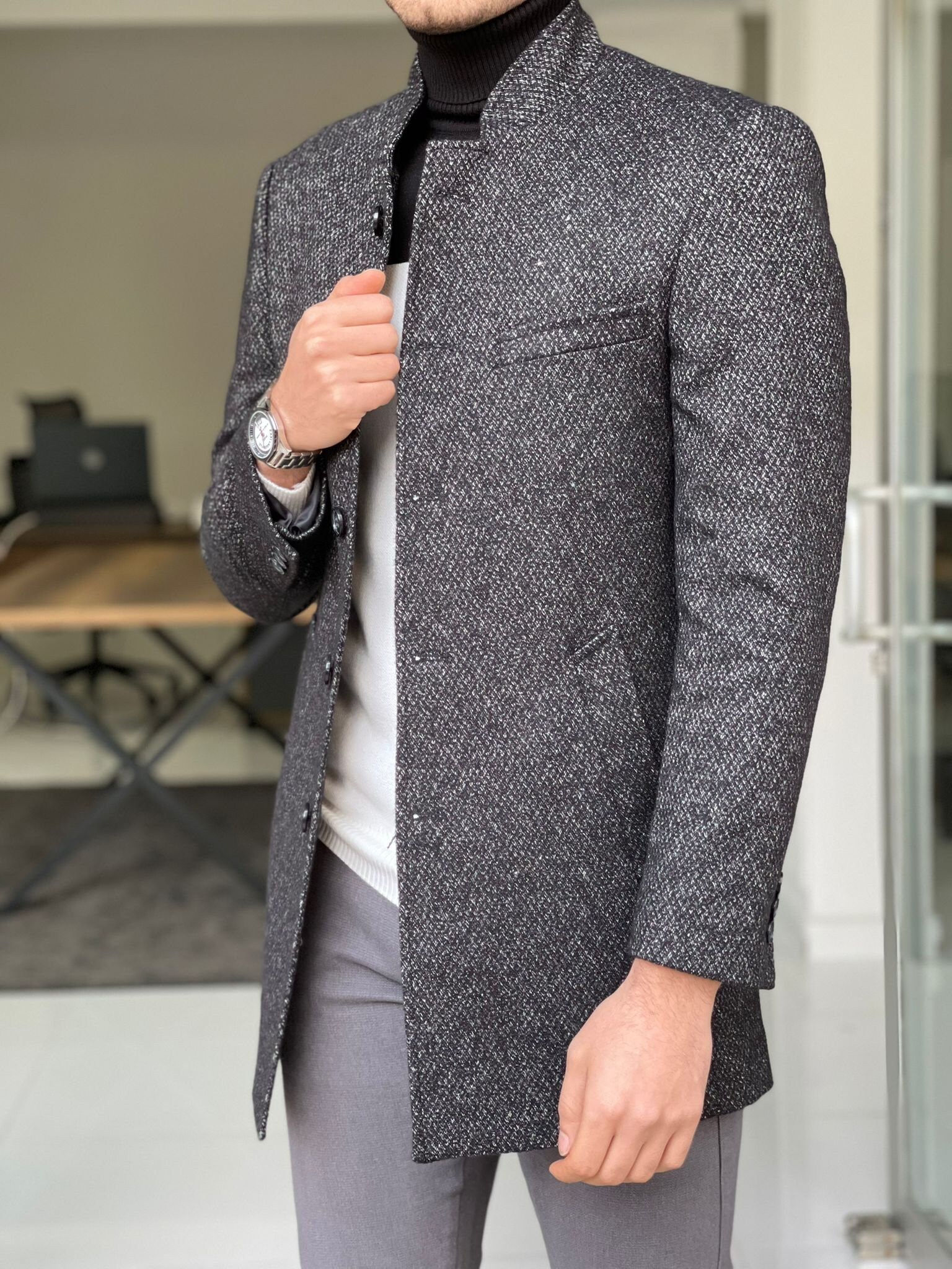 mandarin collar wool coat