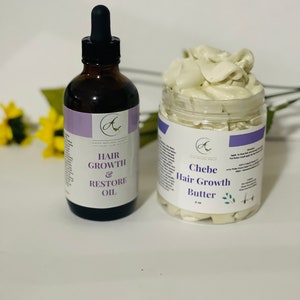 May include: Two hair care products, a brown glass bottle labeled "Hair Growth & Restore Oil" and a white jar labeled "Chebe Hair Growth Butter".