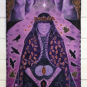 May include: A purple tapestry depicting a central figure with a laurel wreath, surrounded by crows, stars, and a cauldron. The artwork has a mystical theme, with a dark purple and violet colour palette.