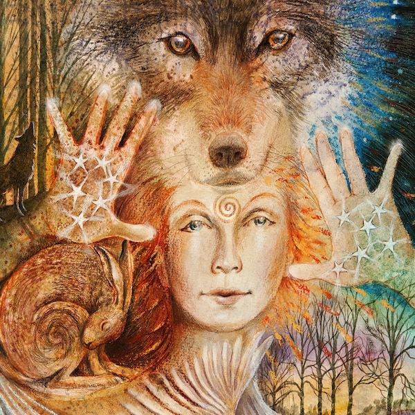 Brigid Wolf Maiden greetings card by Wendy Andrew