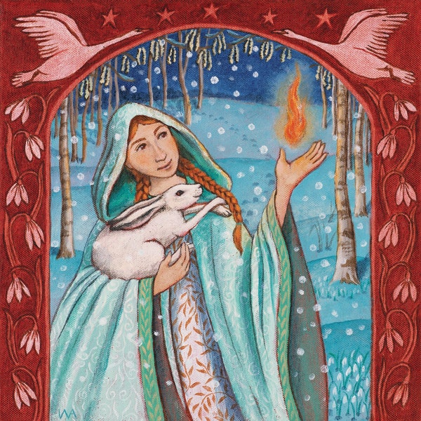 Brigid Holds the Flame of Re-birth greetings card by Wendy Andrew