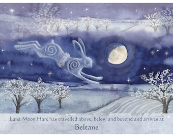 Luna Moon Hare at Beltane greetings card by Wendy Andrew