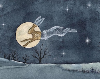 Luna moon hare at winter solstice - limited edition print by wendy andrew painting dreams