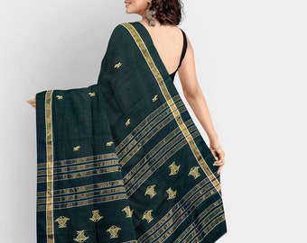 Bengali Handloom pure khadi black gold saree in jamdani fish motif-Govt. of India certified handloom mark-Indian organic cotton sari blouse