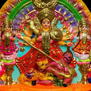 Mahishasura Mardini Traditional Terracotta Durga Murti Idol with family - Hand made & painted - Hindu statue- Delivery within 4 weeks