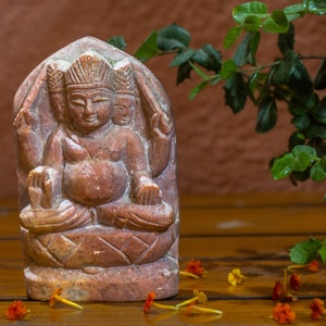 Monolithic Handmade Kubera Stone Sculpture: Hindu god of wealth Kuber pink lime stone  Statue  - Indian folk art- presented by MollisArts