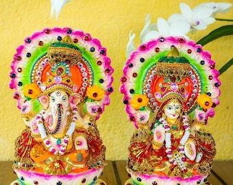 Terracotta Clay Lakshmi Ganesh Statues on lotus  - Hindu God and Goddess of wealth - handmade ecofriendly clay idols - by MollisArts India