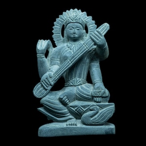 Beautiful Saraswati murti: Stone sculpture of Hindu Goddess of Knowledge, Music and Art, Music Statue - Indian handicraft by mollisarts