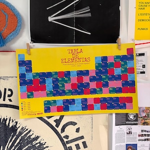 Puede incluir: Un póster amarillo titulado "TABLA DE ELEMENTAS" con un diseño de tabla periódica, con cuadrados coloridos y texto. El póster está sujeto con pinzas en una pared blanca, con otros carteles visibles en el fondo.