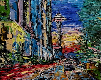 Seattle Colorful Contemporary Original Art Textured Impasto Oil Painting On Canvas 16x20 By Popova