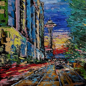 Seattle Colorful Contemporary Original Art Textured Impasto Oil Painting On Canvas 16x20 By Popova