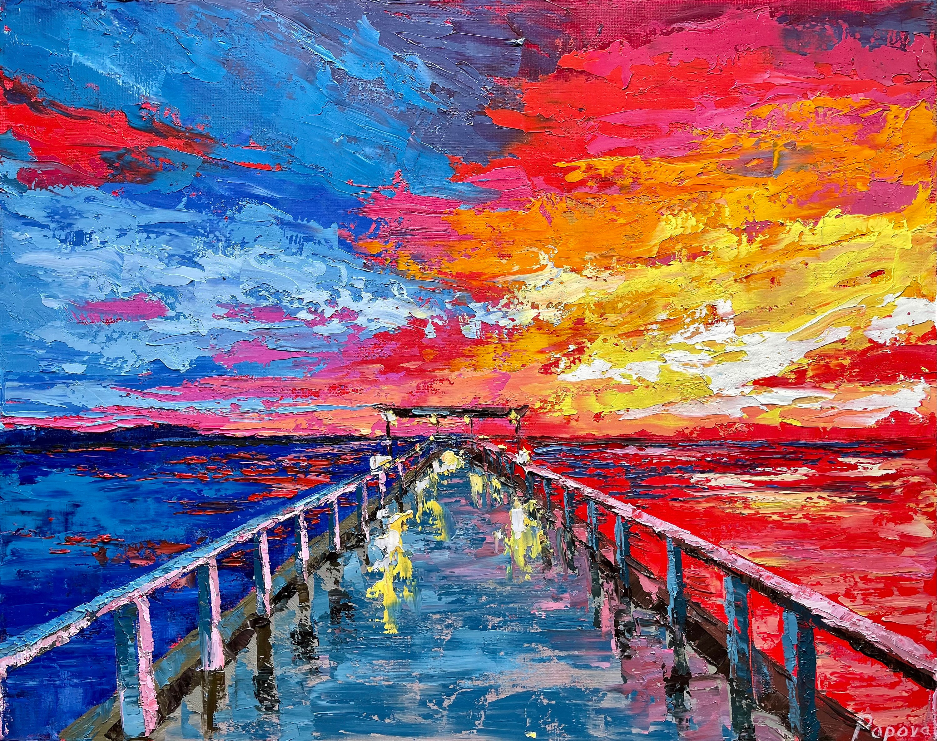 Modern Impasto Textured Painting of Sunset, 20x20