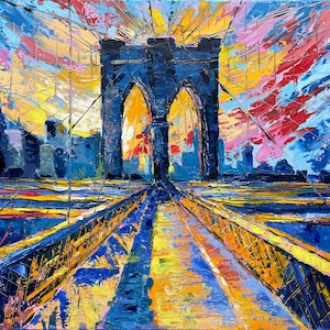 Brooklyn Bridge Oil Painting – NYC Original Canvas Wall Art, Colorful Impasto by Popova