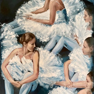 Original Oil Painting of Ballerinas | Large Ballet Dancers Canvas Art 36x24” | White Tutu Ballet Wall Art by Popova
