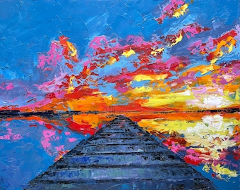 Pier Ocean Sunset Contemporary Art Original Impasto Oil Painting On Canvas 16"by 20" By Popova