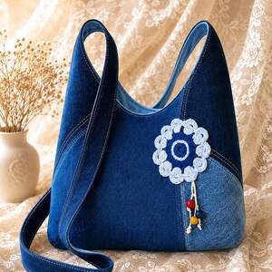 Handmade Denim Hobo Bag, Blue Patchwork Shoulder Bag, Crochet Flower Charm Purse, One of a Kind Fabric Bag
