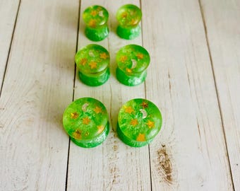 Green Gauge Plug Earrings with Moon & Stars
