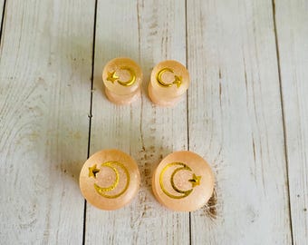 Pink Gauge Plug Earrings with Gold Moon & Star
