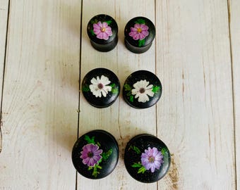 Black Floral Plug Earrings