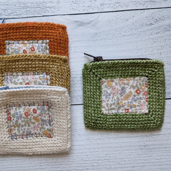 5 Inch by 4 Inch Handmade Quilted and Crocheted Coin Purse With Vintage Style Flower Print Fabric and Choice of Cotton Blend Yarn