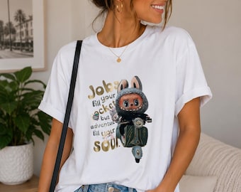 T-shirt med äventyrsgrafik | Söt Scooter Bunny-t-shirt | Avslappnad damtröja med grafisk design | Modetröja för vardagsbruk