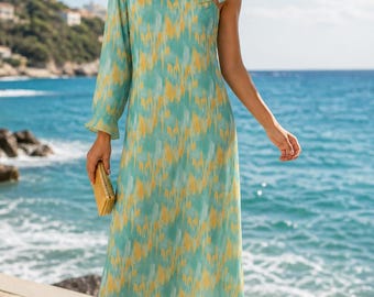 Abito monospalla con fiocco al collo – Elegante abito midi, abito per le vacanze estive, abbigliamento chic da resort, abito leggero e svolazzante, abito con stampa di tendenza