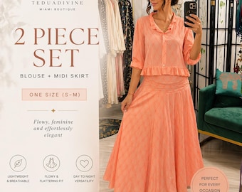 Boho-chique midirok- en blouseset | Soepelvallende tweedelige outfit (één maat S-M)