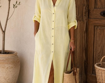 100% linnen overhemdjurk voor dames | One size S-L | Lichtgewicht linnen zomerjurk | Midi/maxi jurk met knoopsluiting | Casual chique resortkleding