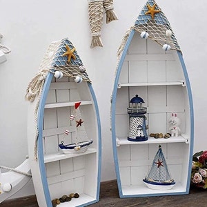 Wood Boat Shelf Decor Nautical Beach Theme Display Boat with 2 Shelves Standing Boat Shelf Nautical Home Decor Set of 2