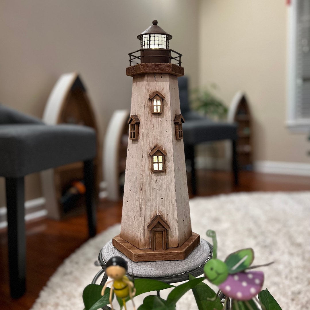 Wooden Lighthouse Decor With LED Light, Decorative Handcrafted