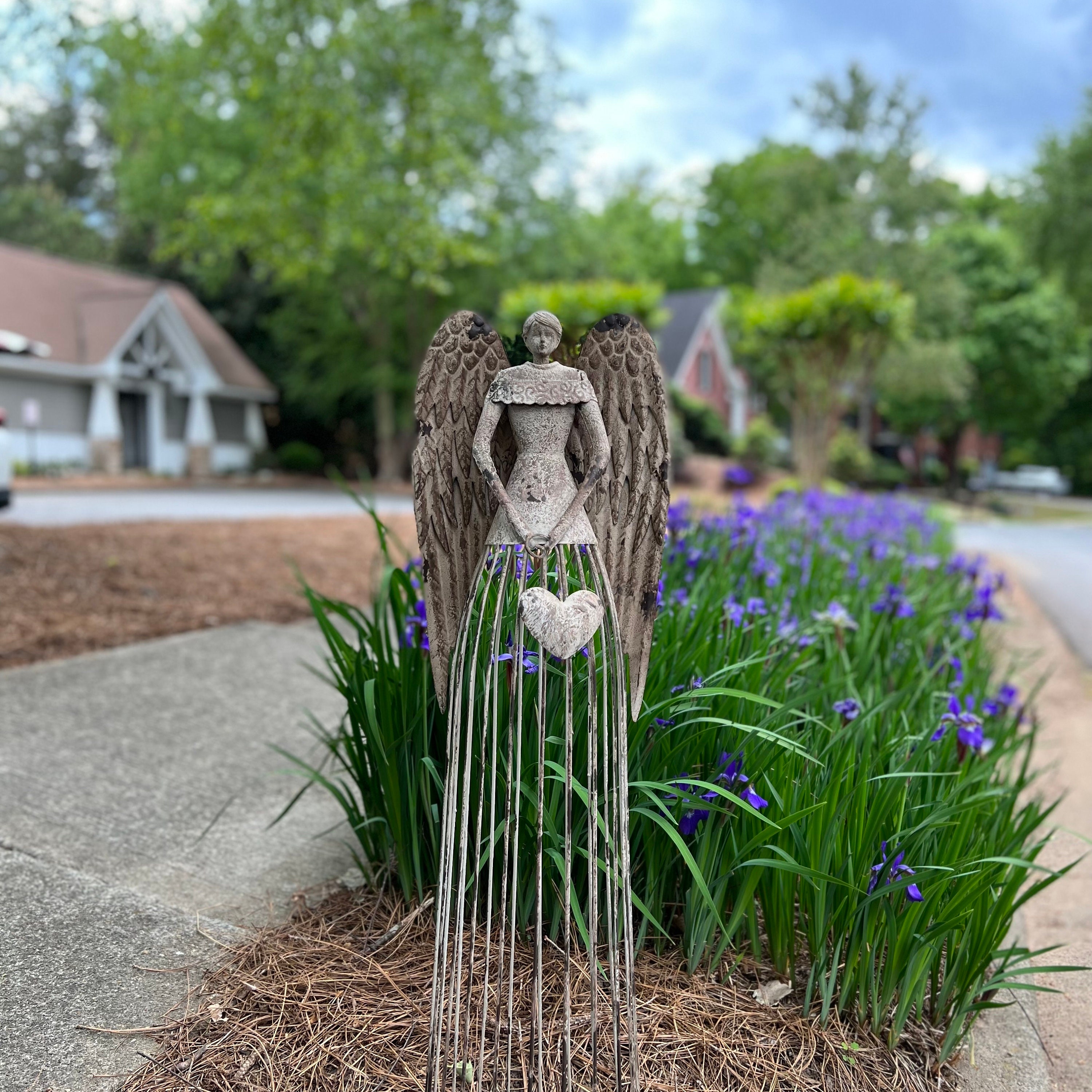 Metal Garden Angel Statue With Heart Indoor Outdoor Angel Etsy