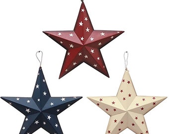 Patriotic Metal Barn Star Wall Decor Set of 3, 12inch Hanging Country Rustic Metal Star for July 4th Decoration