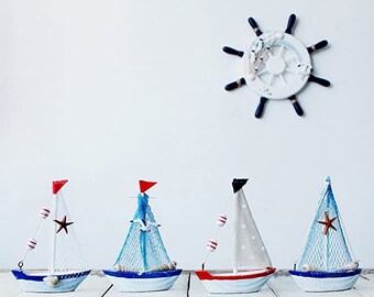 Wooden Sailboat Set of 4,Handcrafted Sail Boat Decor Display with Fish Net Starfish Seashell Accents Beach Nautical Theme Decor (4.3"Height)