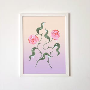Illustration - Poster - Affiche illustrée "La Rosée" format vertical - Motifs roses fleurs - Décoration murale